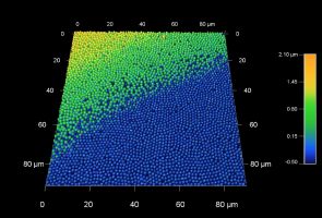 珍贵的蛋白石由数百纳米大小的紧密堆积的二氧化硅球体组成。蛋白石的美丽色彩是由光的衍射和干涉造成的。这个 90 微米的 AFM 扫描显示了一个蛋白石表面，在纳米球的相邻平面之间有两个过渡。